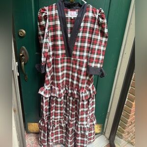 Victoria Dunn Christmas Red Plaid women’s Dress with Black Accents tiered bottom